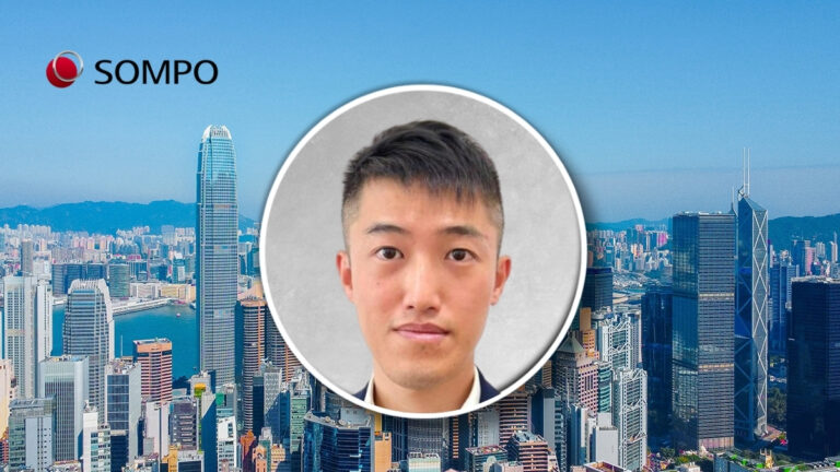 Dave Wong, property underwriter for Hong Kong, Macau, and Taiwan at Sompo, in front of Hong Kong's城市.