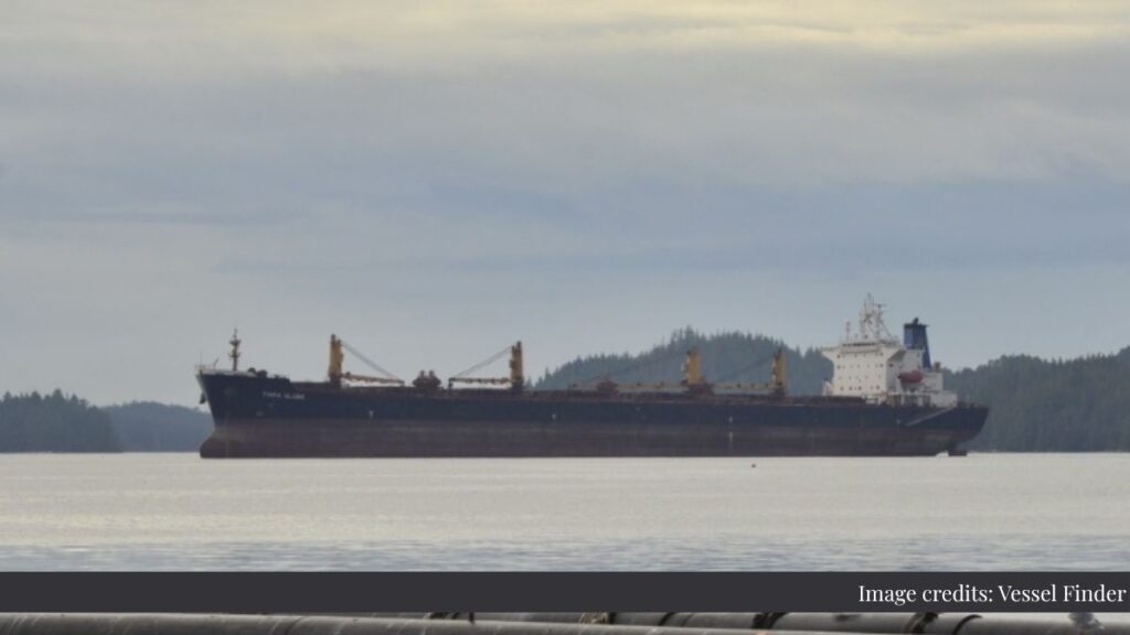 Large black bulk carrier sailing on calm water with a forested coastline in the distance.”