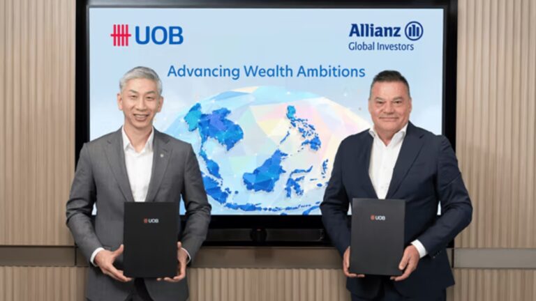 UOB and Allianz Global Investors executives announce ASEAN wealth push acquisition.