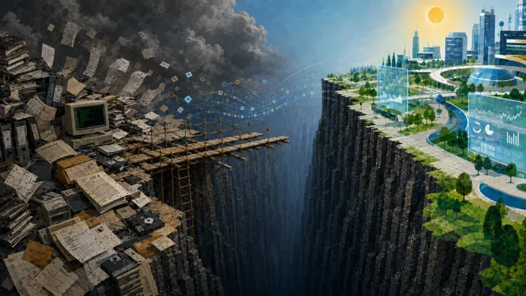 Split scene: left shows piles of papers and an old computer; right shows a bright, modern city with greenery and holographic dashboards.