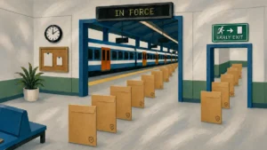 Empty train station platform with boxes and 'In Force' sign, early exit door, and clock.