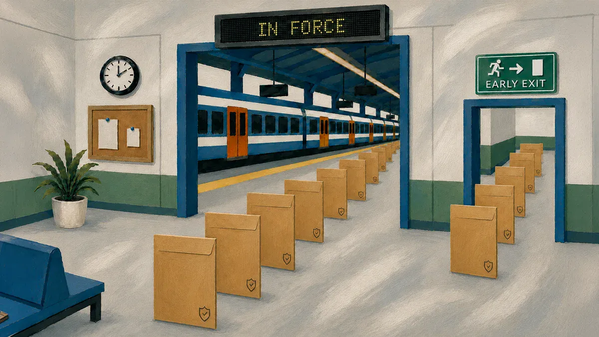 Empty train station platform with boxes and 'In Force' sign, early exit door, and clock.