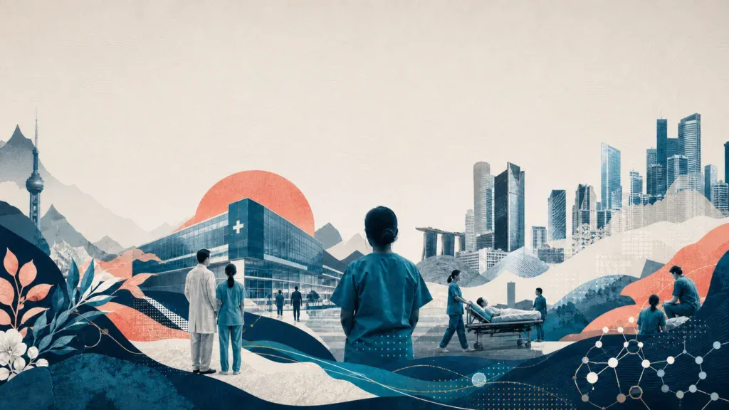 Healthcare workers in scrubs beside a modern hospital building, with a stylized city skyline and mountains in the background.
