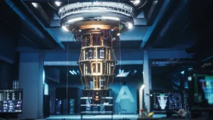 China insurers launch dedicated quantum computing risk pool, issue inaugural policy A futuristic laboratory scene with a tall, illuminated central machine hanging from the ceiling, surrounded by blue-lit walls and cables.