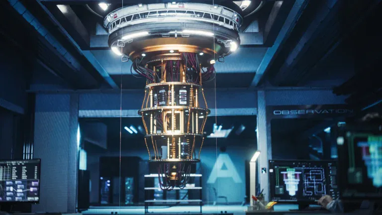 A futuristic laboratory scene with a tall, illuminated central machine hanging from the ceiling, surrounded by blue-lit walls and cables.