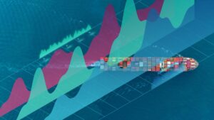 Overhead view of a cargo ship at sea with colorful translucent line and area graphs overlaid, signaling data analytics in shipping logistics as it moves.