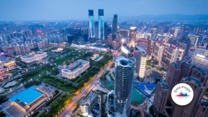 Aerial view of a modern city skyline at dusk with tall glass skyscrapers, green parks, and illuminated streets; Data Insight logo in the bottom-right corner.