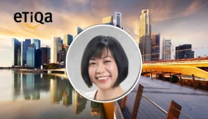 etIqa logo over a sunset city skyline with a smiling woman’s portrait in a circular frame at the center.