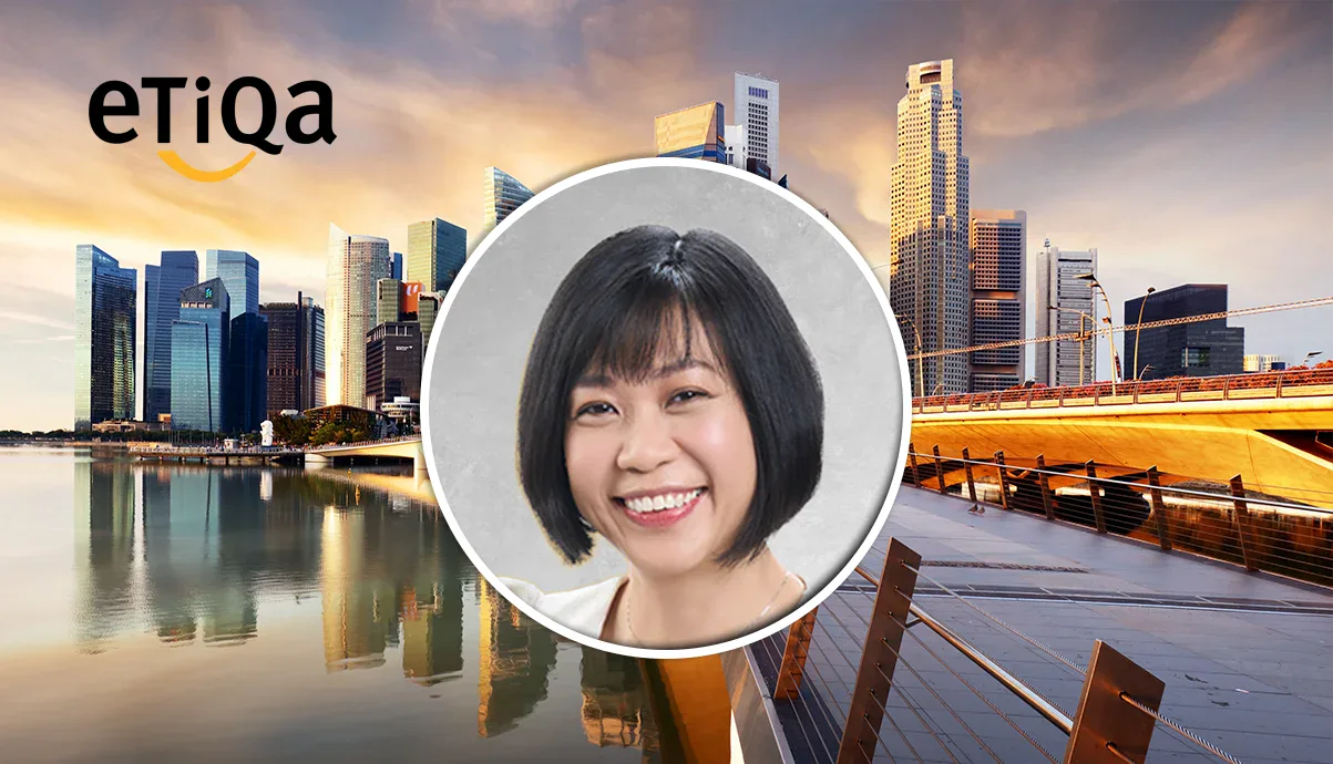 etIqa logo over a sunset city skyline with a smiling woman’s portrait in a circular frame at the center.