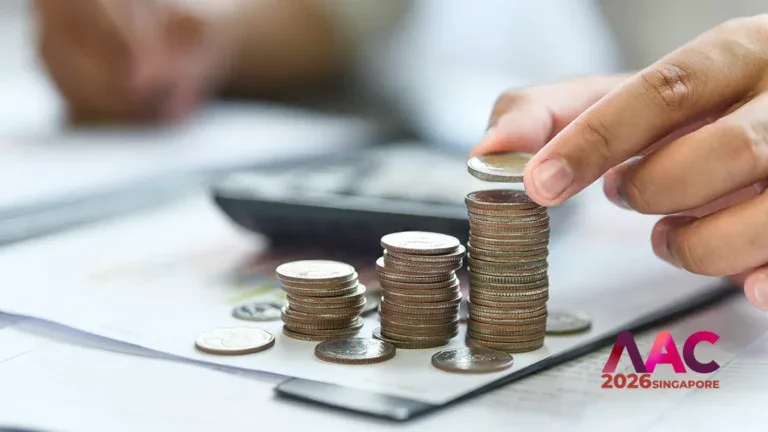 Hands stacking coins on a financial document with a calculator in the background; logo reads AC 2026 Singapore on the corner by the coins.