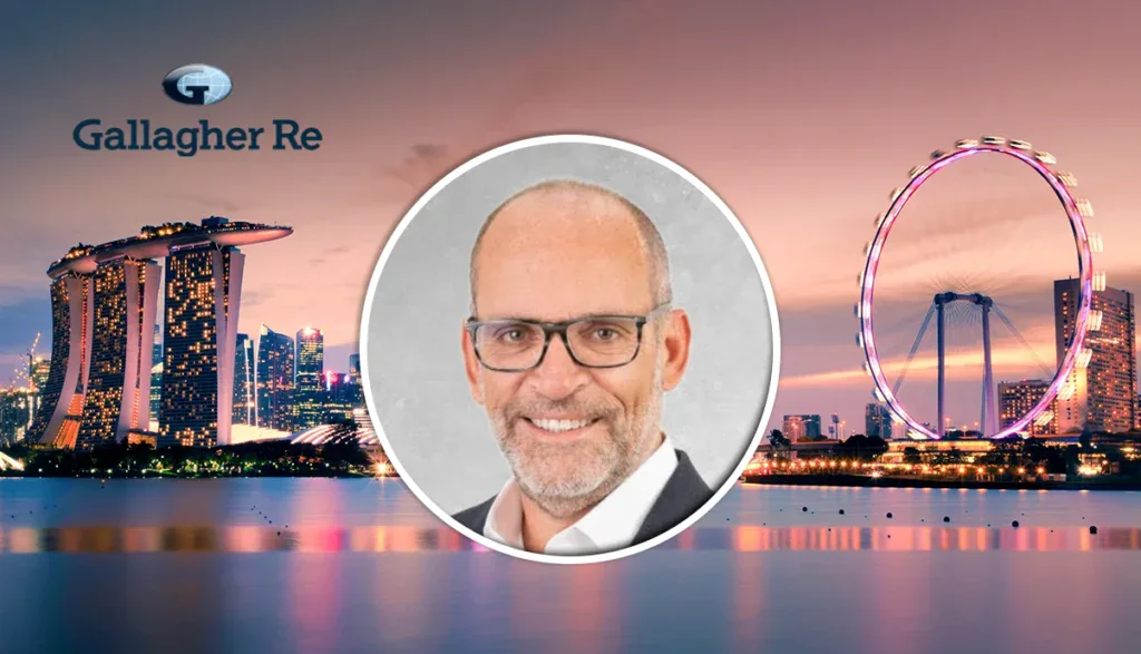 Gallagher Re banner with Singapore skyline at dusk, a circular white-ringed headshot in the center, and the Gallagher Re logo on the left.
