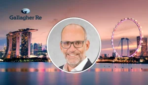 Gallagher Re banner with Singapore skyline at dusk, a circular white-ringed headshot in the center, and the Gallagher Re logo on the left.