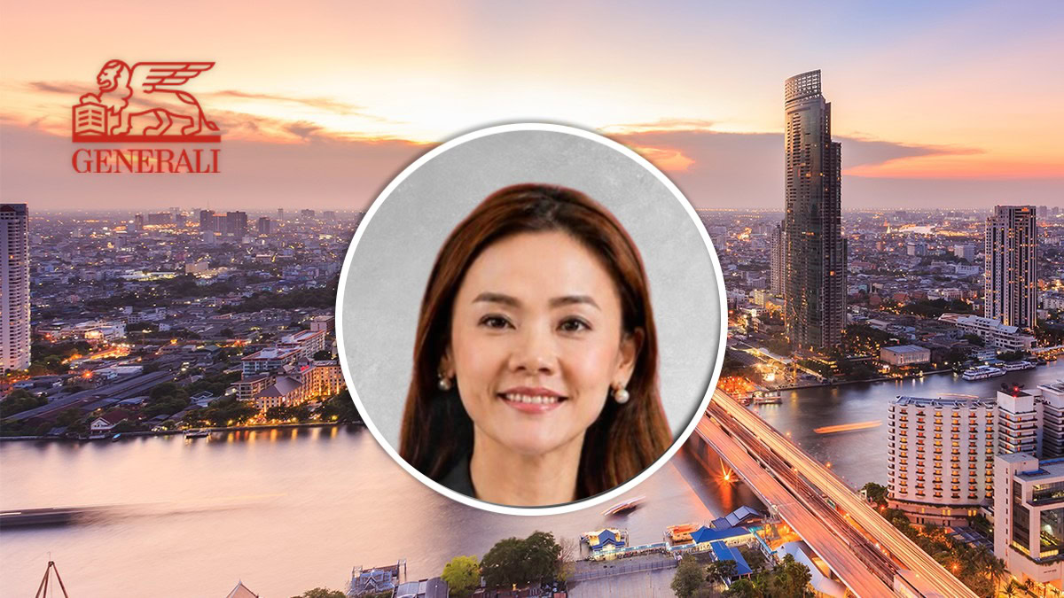 Smiling woman in a circular photo overlay on a sunset cityscape with the Generali logo in the top-left.