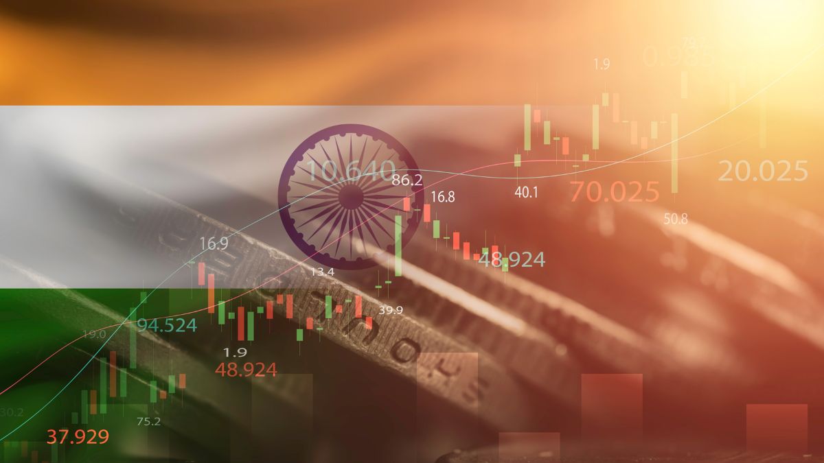 Financial data and stock market graph with Indian Rupee symbol and government report context.