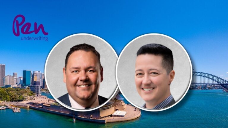 Promotional banner for Pen Underwriting featuring two round headshots over a Sydney harbor backdrop and the Pen Underwriting logo in the top left.