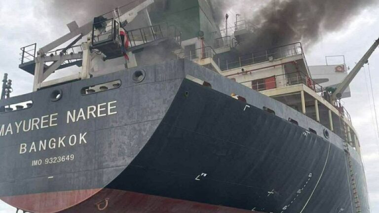 The cargo ship Mayuree Naree from Bangkok with smoke rising from the engine room.