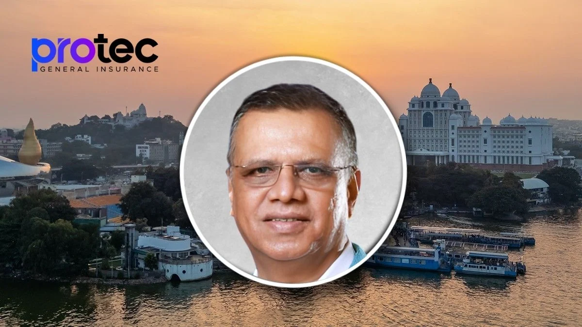 Circular portrait of a man in glasses over a gray background, placed over a sunset cityscape with Protec General Insurance logo in the corner.