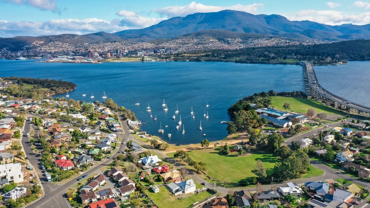 Aerial view of Hobart, Tasmania, with Mount Wellington in the background.