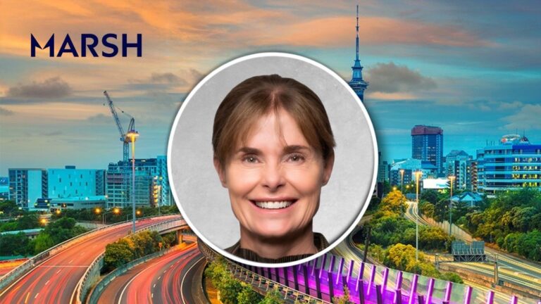 Campaign graphic: smiling woman in a circular frame over a colorful city skyline with MARSH in the top-left.