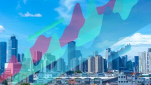 City skyline with translucent multicolored area charts overlaid to illustrate urban data trends and growth.