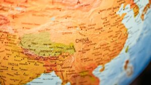 Close-up map highlighting China and surrounding Asian countries like India, Nepal, and Bhutan.