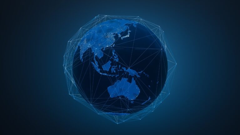 Blue digital globe with interconnected lines outlining continents, symbolizing global networking.