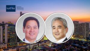 Nat Re CEO Allan Santos to retire, Alexander Reyes named successor Two men’s headshots in overlapping circular frames over a city sunset background, with the NAT Re logo in the top-left corner.