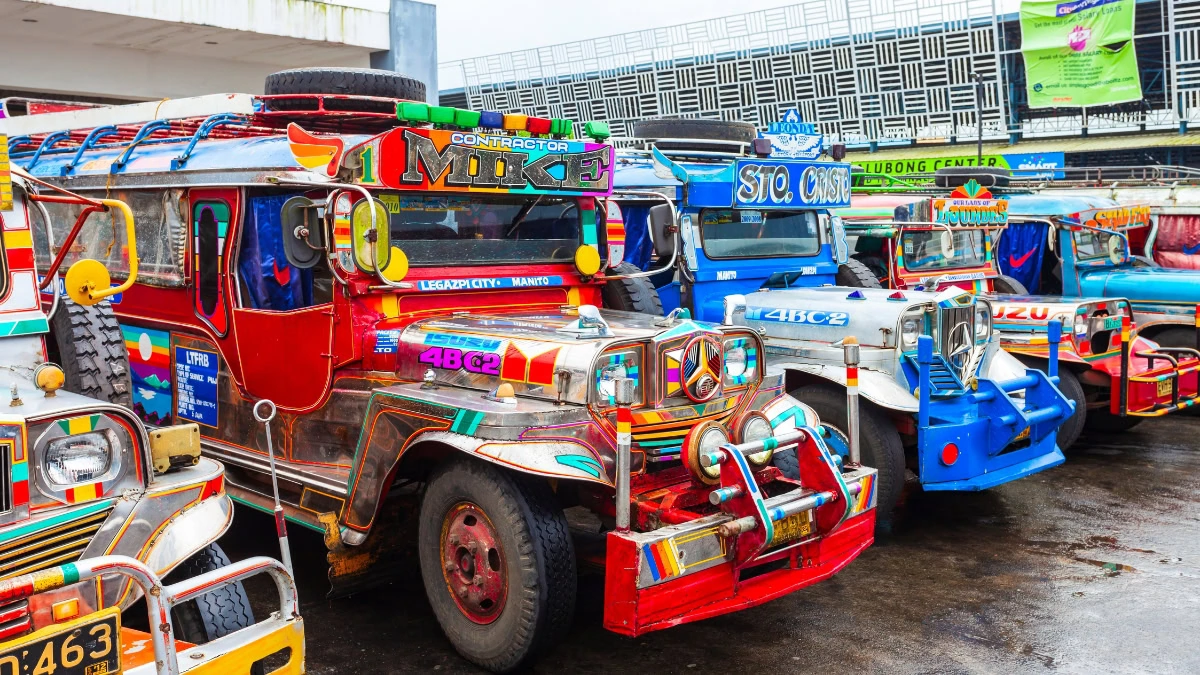 Colorful jeepneys in the Philippines, reflecting local transportation culture.