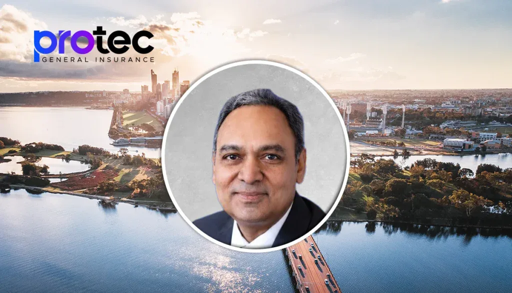 Protech General Insurance banner with a city skyline at sunset and a circular portrait of a man in a suit centered in the image