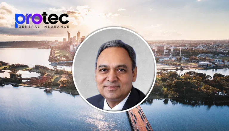 Protech General Insurance banner with a city skyline at sunset and a circular portrait of a man in a suit centered in the image