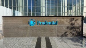Prudential Financial logo on building exterior in the US.