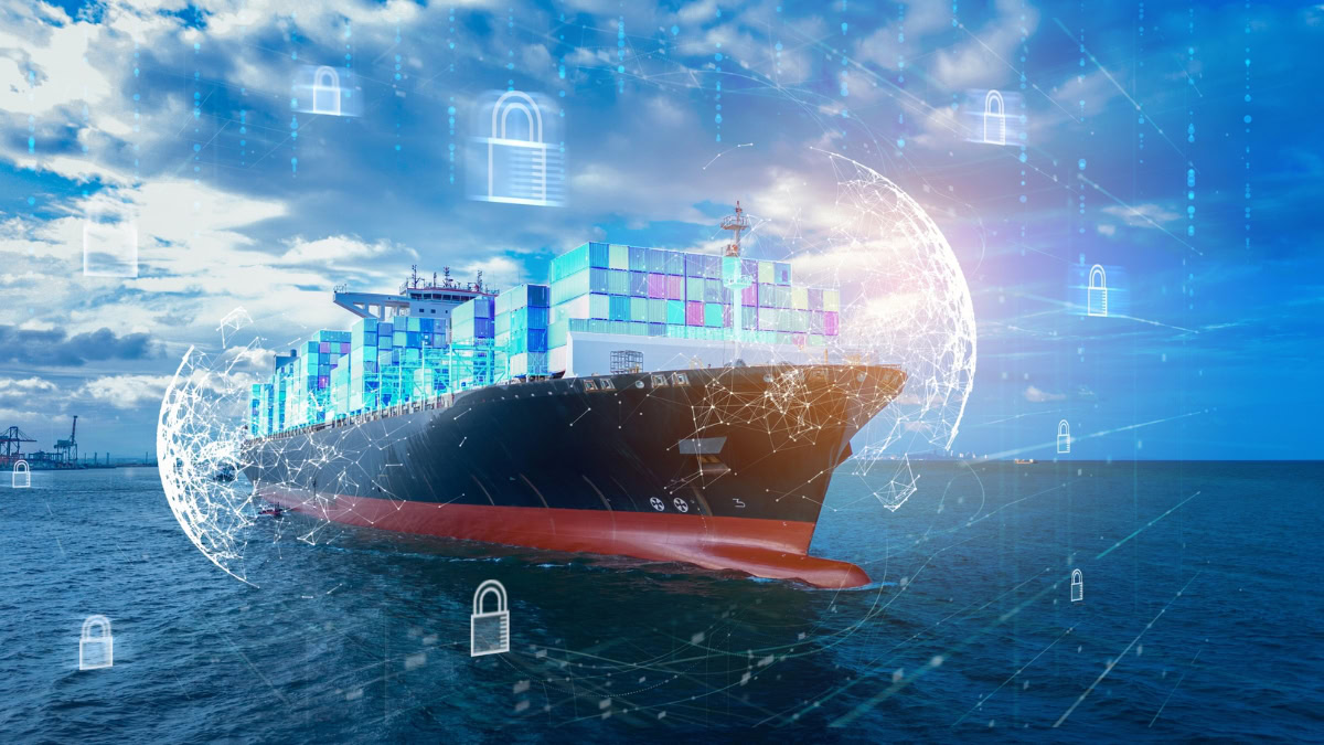 Cargo ship with digital security icons, representing marine cyber protection.