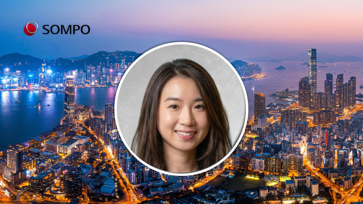SOMPO logo on a nighttime city skyline with a circular portrait of a smiling woman in the foreground