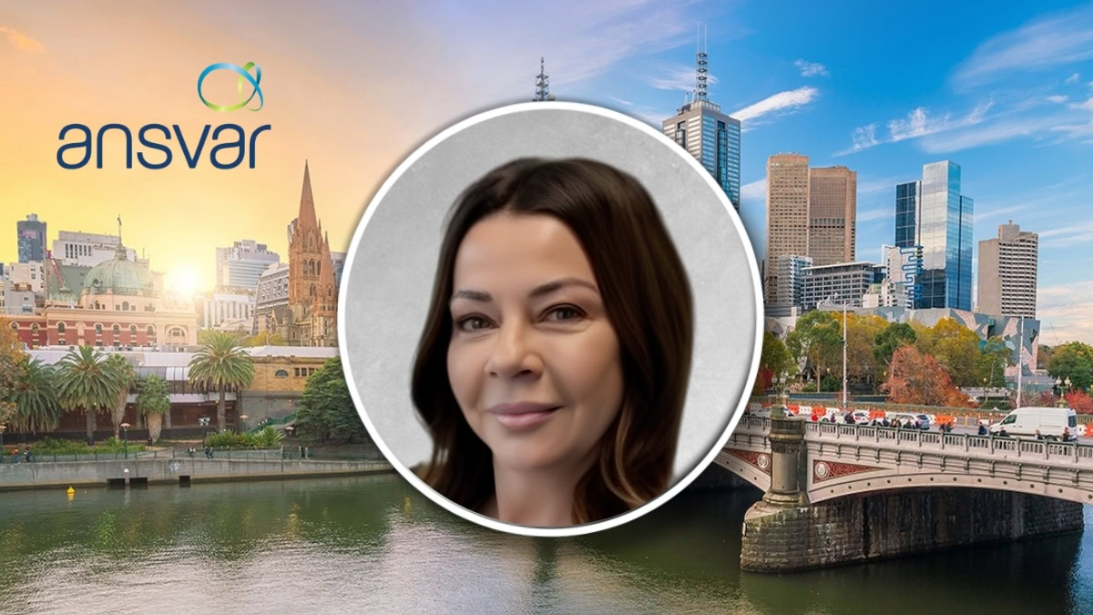 Anvar logo with Melbourne skyline and woman in front, Australia.