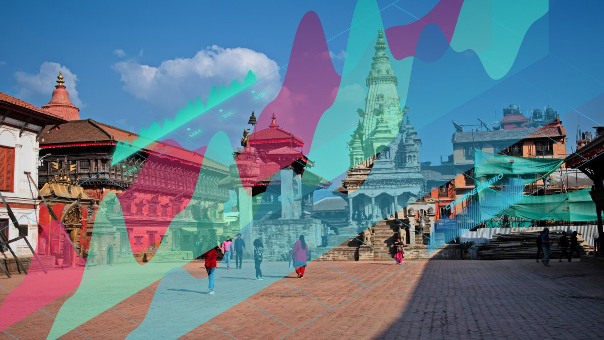 Nepalese temple and stupa in Kathmandu with overlayed financial graphs.