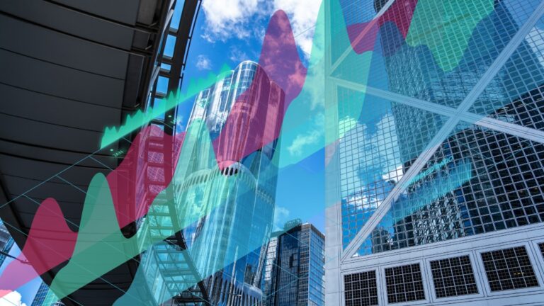 Modern cityscape with financial graphs and skyscrapers in London, UK.