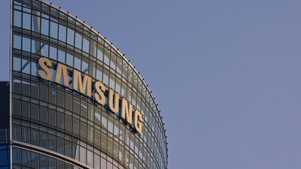 Samsung building in South Korea with modern glass architecture.