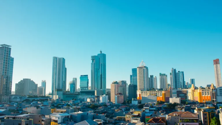 Modern city skyline with high-rise towers above a dense neighborhood under a clear blue sky.