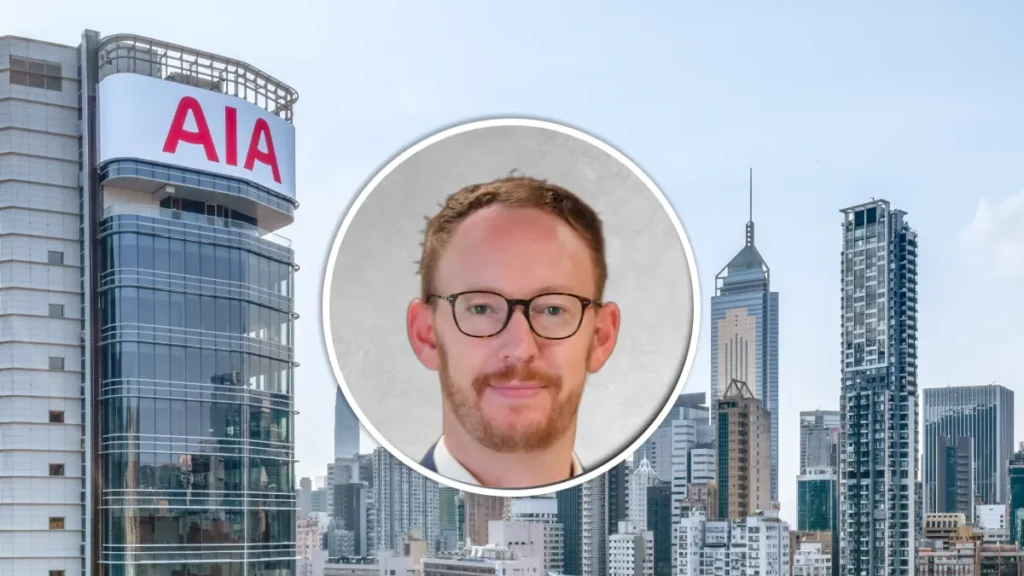Edward Moncreiffe, AIA regional chief executive, pictured over a city skyline bearing the AIA logo.