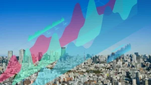 City skyline overlaid with translucent, multicolored financial charts and rising graph lines.