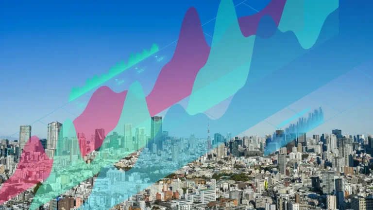 City skyline overlaid with translucent, multicolored financial charts and rising graph lines.