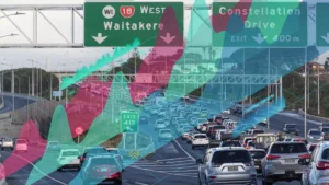 Traffic backs up on a New Zealand motorway beneath signs for Waitakere and Constellation Drive, overlaid with financial