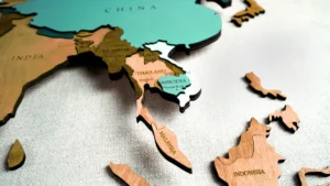 Rate cuts add to pressure on APAC insurers as growth hits four-year low: Gallagher Re Wooden map pieces show China, India and Southeast Asia, including Thailand, Cambodia, Malaysia and Indonesia.
