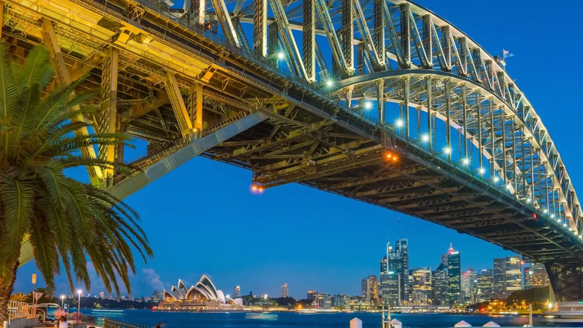 Sydney Harbour Bridge lit at dusk, with the Opera House, city skyline and palm trees visible.