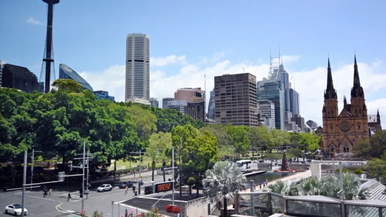 Sydney skyline with St Mary’s Cathedral, city towers and parkland in the foreground.