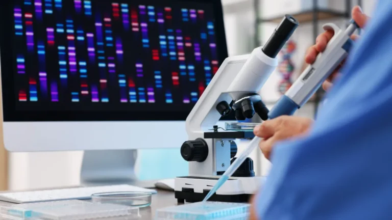 A lab worker examines a sample under a microscope beside a screen displaying colorful genetic sequences.