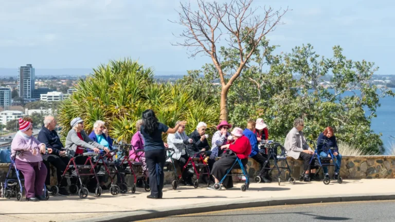 Older adults with walkers gather at a scenic overlook above a city and waterfront.