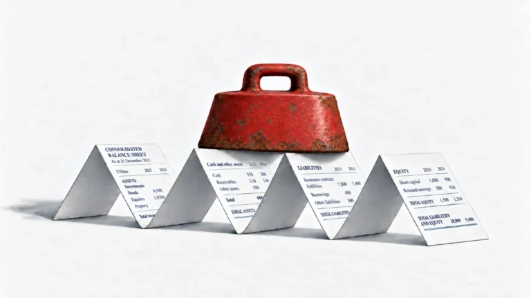A red weight sits atop folded financial statements showing balance sheets, assets and liabilities.