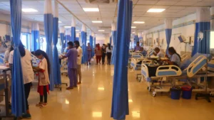 Hospital ward with blue privacy curtains, patients in beds, and medical staff attending to them.