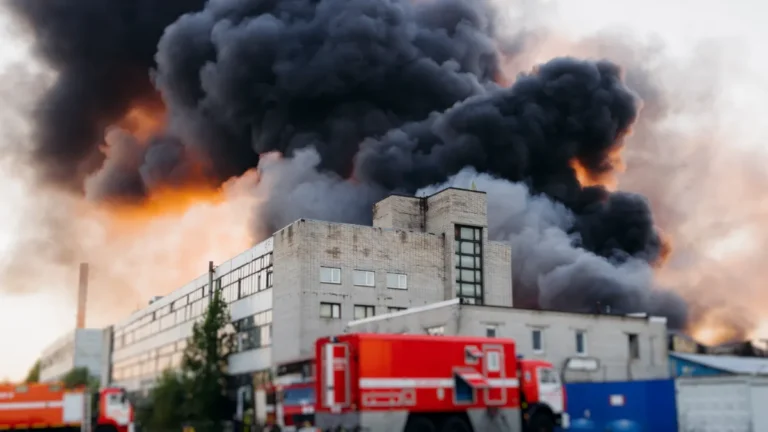 Industrial building engulfed in thick black smoke and flames as red fire trucks respond.